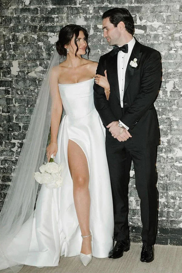 A-Line Strapless Simple White Satin Wedding Dress with Slit